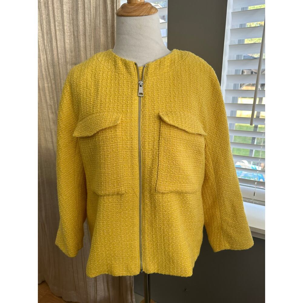 size 10 H&M Yellow Tweed 3/4 Cropped Sleeve Zipper Jacket
